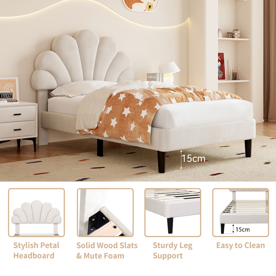 image 1 of Abrihome 3FT Single Velvet Upholstered Bed Frame 90x190cm with Adjustable Petal Headboard, Solid Wood Slats, No Box Spring Needed, Beige