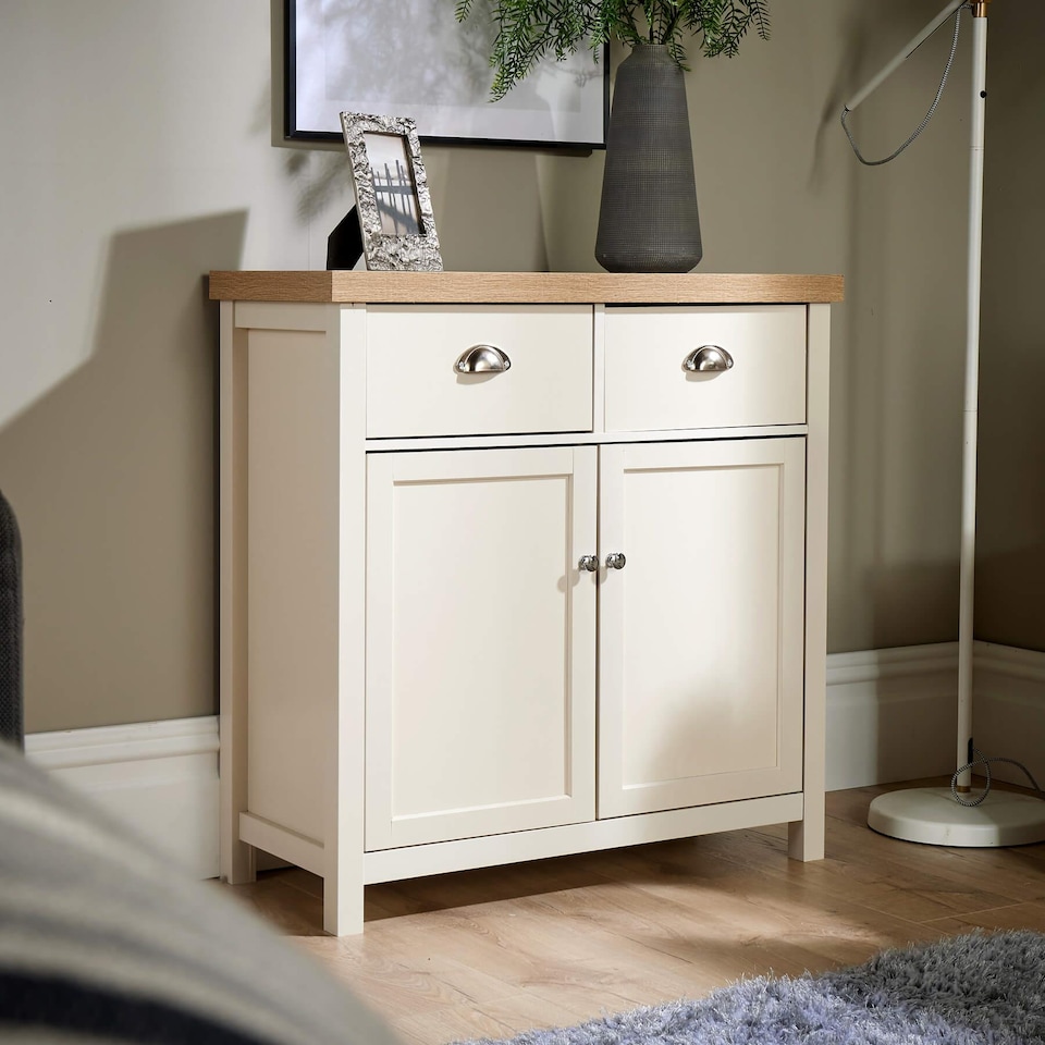 image 1 of Sideboard 2 Door 2 Drawer Storage Cupboard Shelf 36mm Oak Top | White