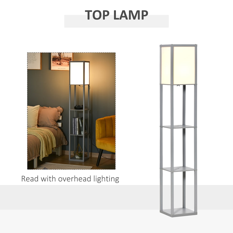 image 1 of HOMCOM 3Tier Floor Lamp, Floor Light with Storage Shelf, Reading Standing Lamp with Acrylic Shade for Living Room, Bedroom, Kitchen, Dining Room, Office, Dorm, 160cm, Grey
