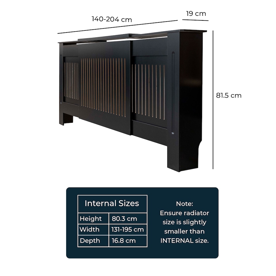 image 1 of JSH Radiator Cover Black Horizontal Slat Wood MDF - Adjustable - 140-204cm (W) x 81.5cm (H) x 19cm (D) | Black