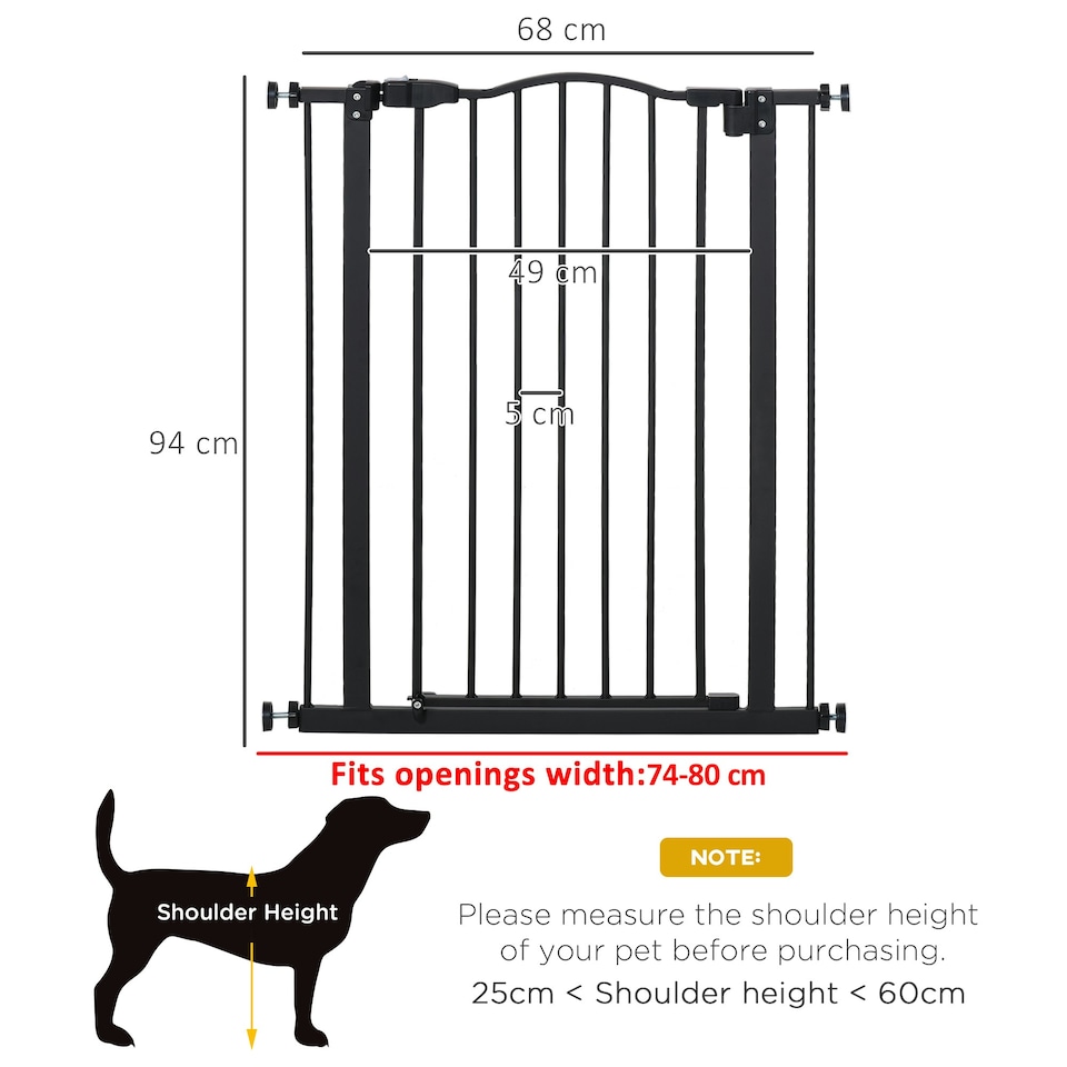 image 1 of PawHut 74-80cm Adjustable Metal Pet Gate Safety Barrier w/ Auto-Close Door Black