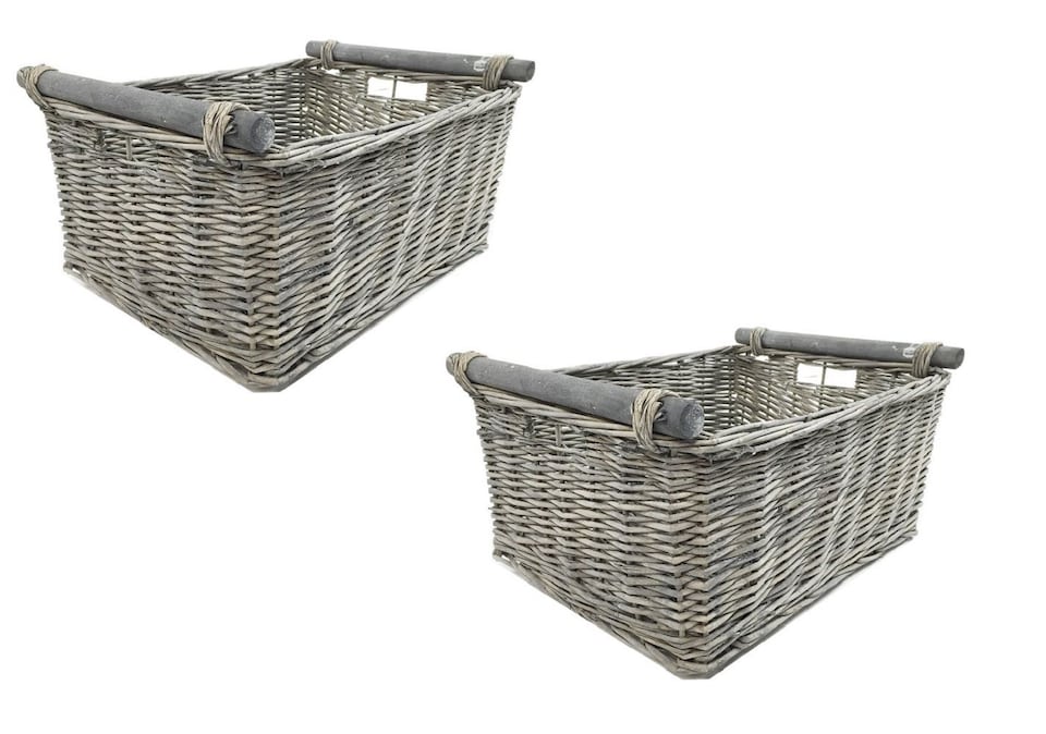 SET OF 2 Kitchen Log Fireplace Wicker Storage Basket With Handles Xmas Empty Hamper Basket Grey Large 45 x 35 x 20 cm | Grey | Grey
