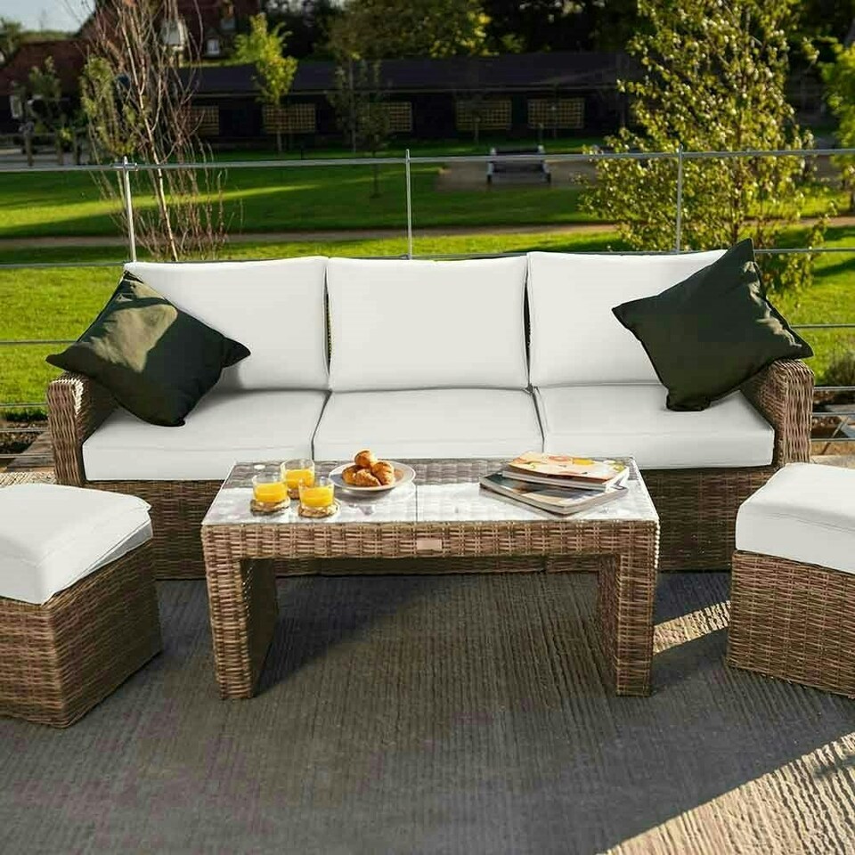 image 1 of Luxury Rattan 5 Seater Sofa Set with Coffee Table and Footstools in Natural