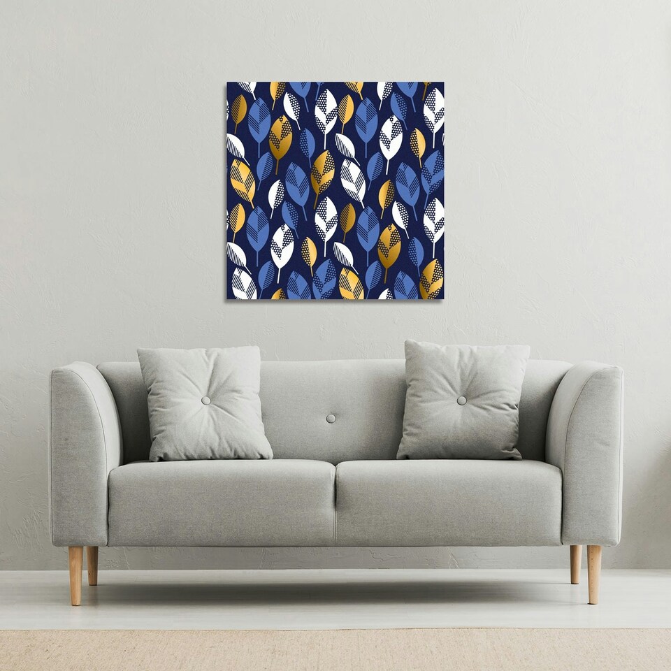 image 1 of White, Blue & Gold Leaves on Navy Background (Canvas Print) 101 x 101 x 4cm