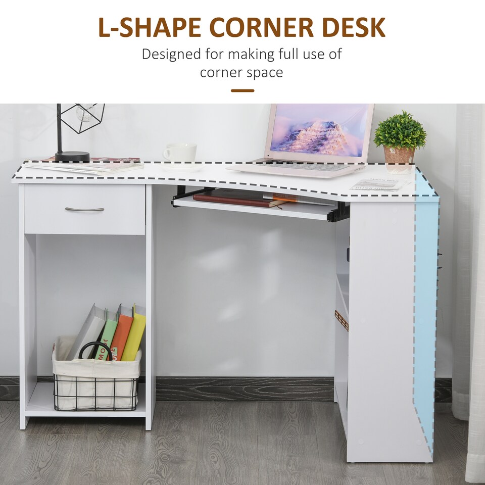 image 1 of HOMCOM L-Shaped Corner Computer Desk with 2 Shelves Worktop White