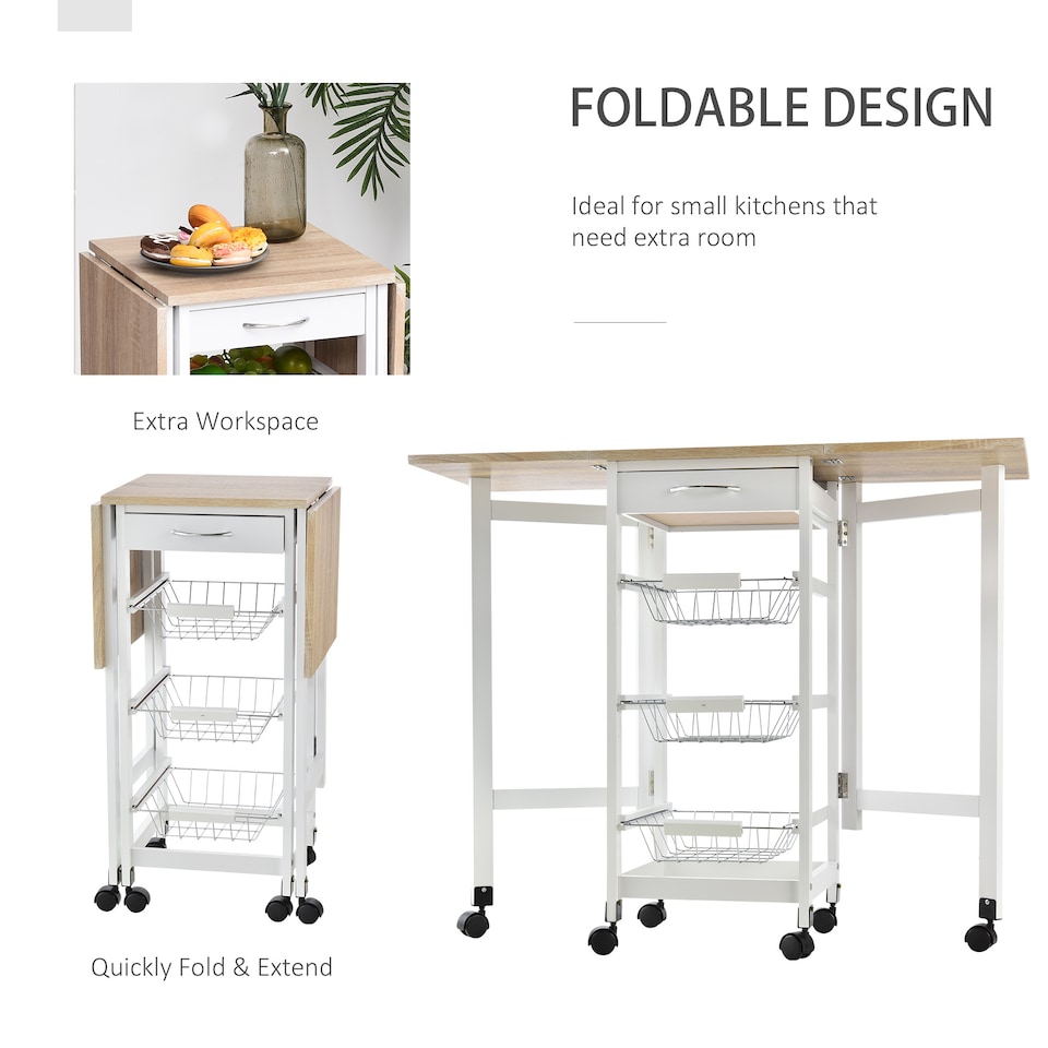 image 1 of HOMCOM Drop-Leaf Kitchen Cart Trolley w 3 Baskets Drawer Surface Top 6 Universal Wheels Rolling Storage Unit Kitchen Home Dining Island White Oak Tone