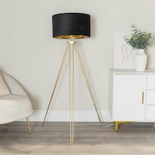 ValueLights Aero Hairpin Gold Tripod Floor Lamp with Black Velvet and Gold Drum Lamp Shade