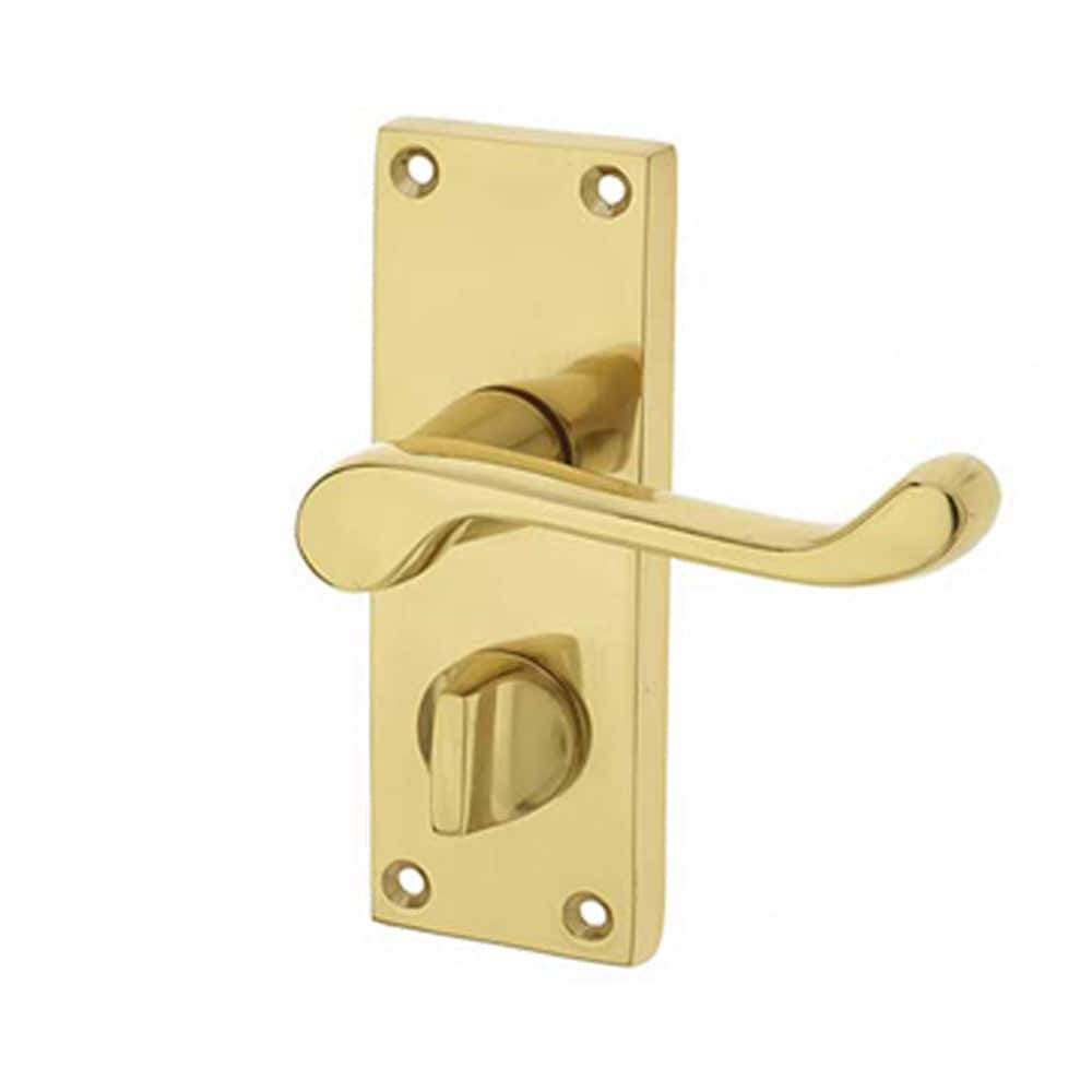 Elegant Victorian Scroll Door Handle with Privacy Plate in Polished Brass - Interior Lever on Backplate