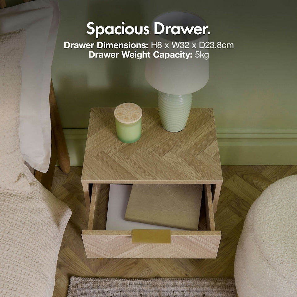 image 1 of Vonhaus Ducie Bedside Table with Gold Frame & Herringbone Finish