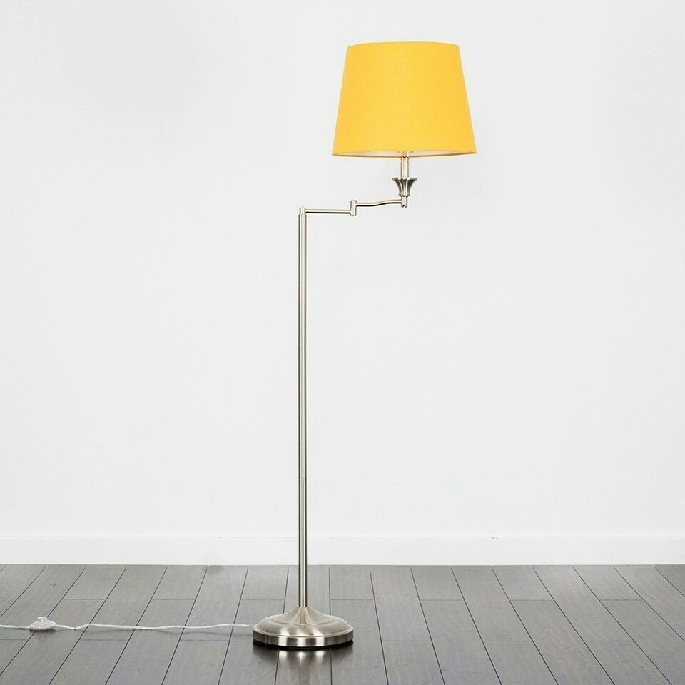 image 1 of ValueLights Sinatra Adjustable Swing Arm Floor Lamp In Chrome Finish with Mustard Tapered Light Shade with LED GLS Bulb