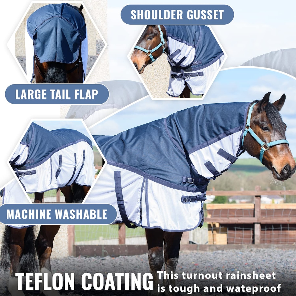 image 1 of eQuitack 600D 2 in 1 Waterproof Fly Turnout Mesh Horse Rug Fixed Neck Blue/White 6'0''