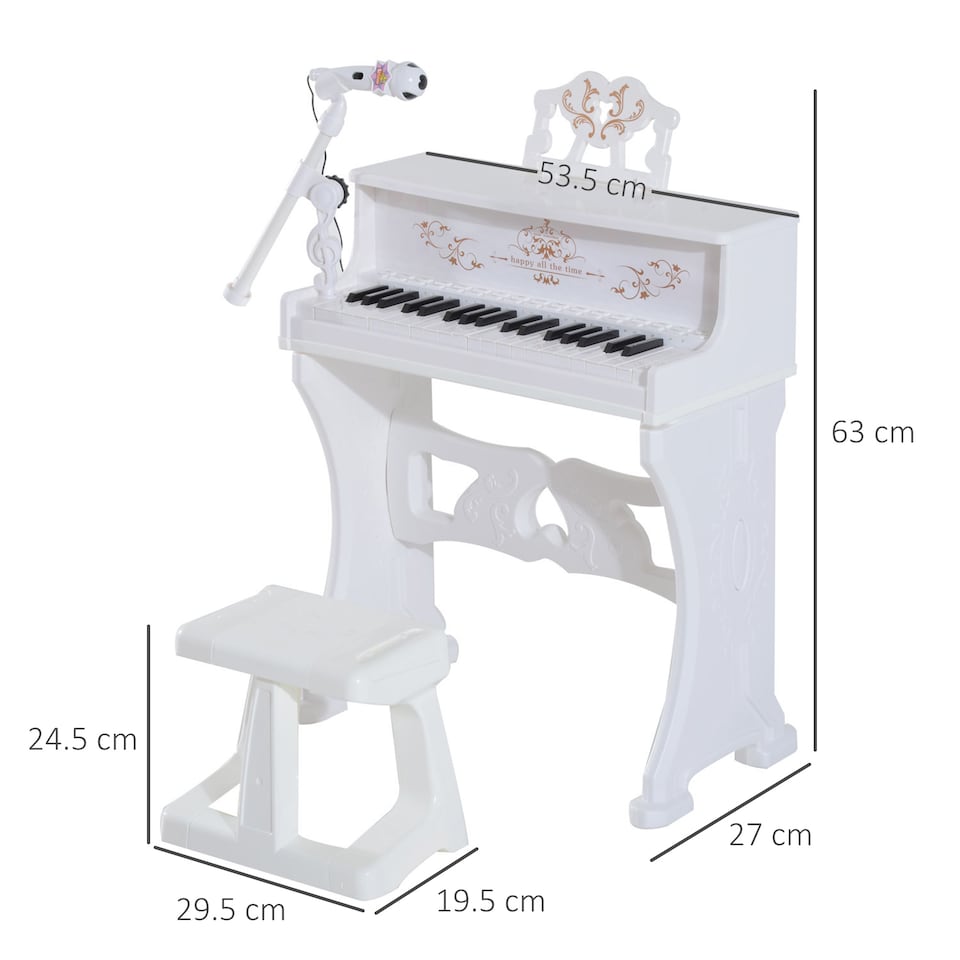image 1 of HOMCOM 37 Keys Kids Piano Mini Electronic Keyboard Light Kids Musical Instrument Educational Game Children Grand Piano Toy Set w/Stool & Microphone & Music Stand (White) | White