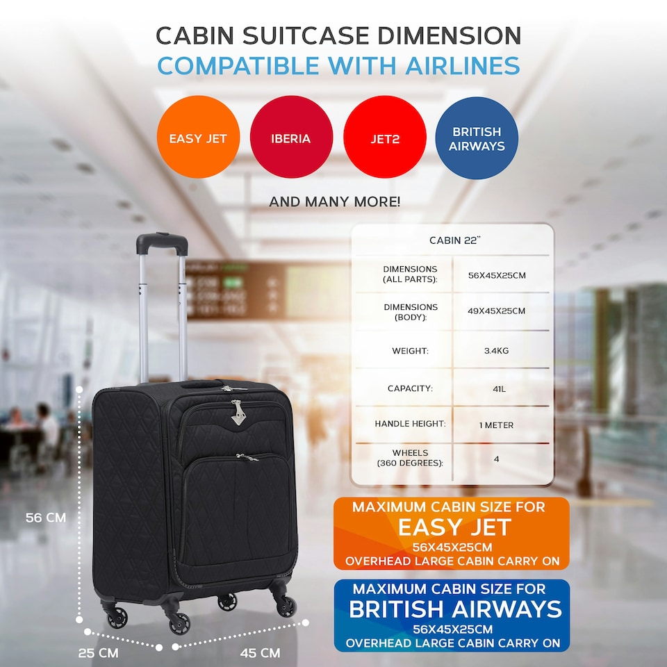 image 1 of Flight Knight Lightweight 4 Wheel 800D Soft Case Quilted Suitcase Cabin Carry On Hand Luggage Approved for easyJet & BA Maximum Size Overhead Carry On Blue | Navy | Cabin Bag