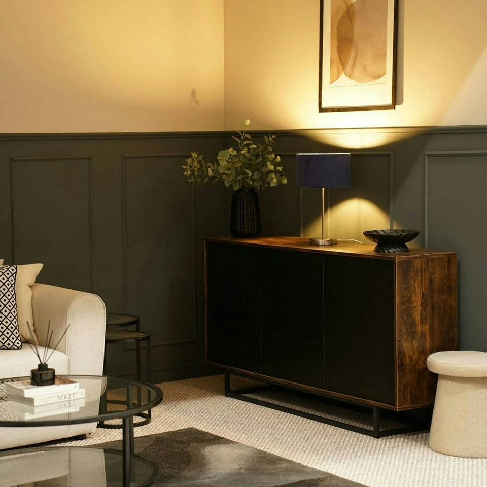 image 1 of ValueLights Charlie Brushed Chrome Stem Table Lamp Navy Shade Blue