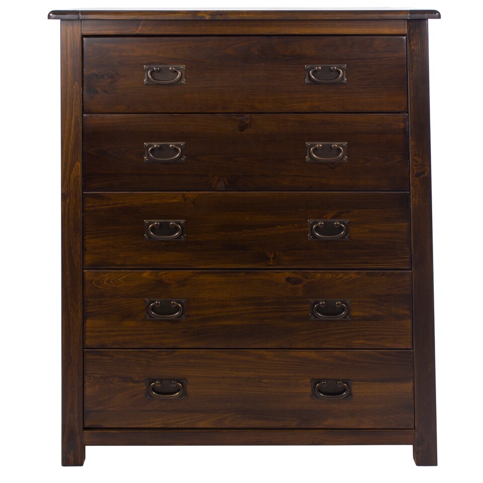 image 1 of Boston 5 Drawer Chest - Rich Dark Brown Lacquer Solid Wood Bedroom Storage with Brass Handles | Brown | Brown | 1