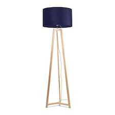 ValueLights Lottie Natural Wood Tripod Floor Lamp Navy Blue Velvet Shade | Blue