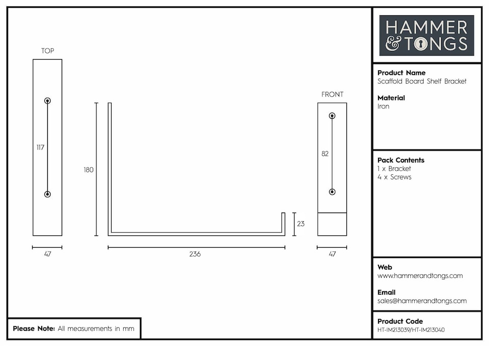 image 1 of Hammer & Tongs Scaffold Board Iron Shelf Bracket - D235mm - Black