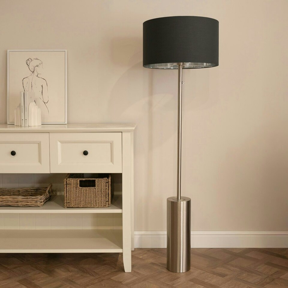 image 1 of ValueLights Lexy Chrome Dimmable Floor Lamp with Black with Chrome Inner Lamp Shade