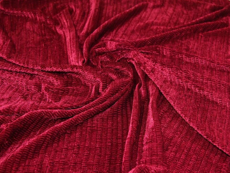 Wine Pleated Velvet Stretch Knit Fabric for Dressmaking, 150cm / 59" Wide - per metre