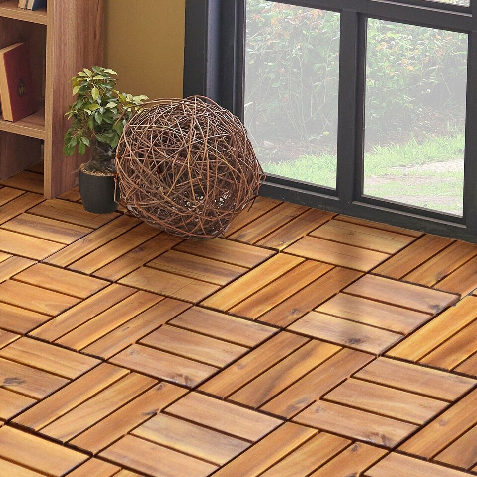image 1 of Acacia Wood Interlocking Patio Deck Tile 27 Pcs Hardwood Flooring Tile Building