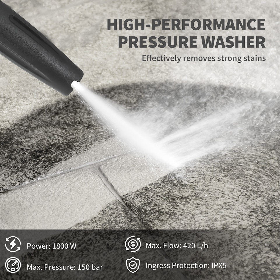 image 1 of Outsunny 1800W High Pressure Washer 150 Bar Pressure 420 Lh Flow Portable Electric Power Washer Jet Wash Cleaner with Adjustable Nozzle 6M Hose Steel Handle for Home Patio Car Driveway Green