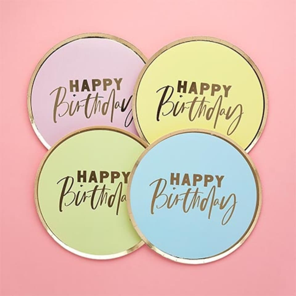 image 1 of Assorted Pastel Colour with Gold Foil Happy Birthday Round Paper Plates 23cm - Pack of 8 Gold