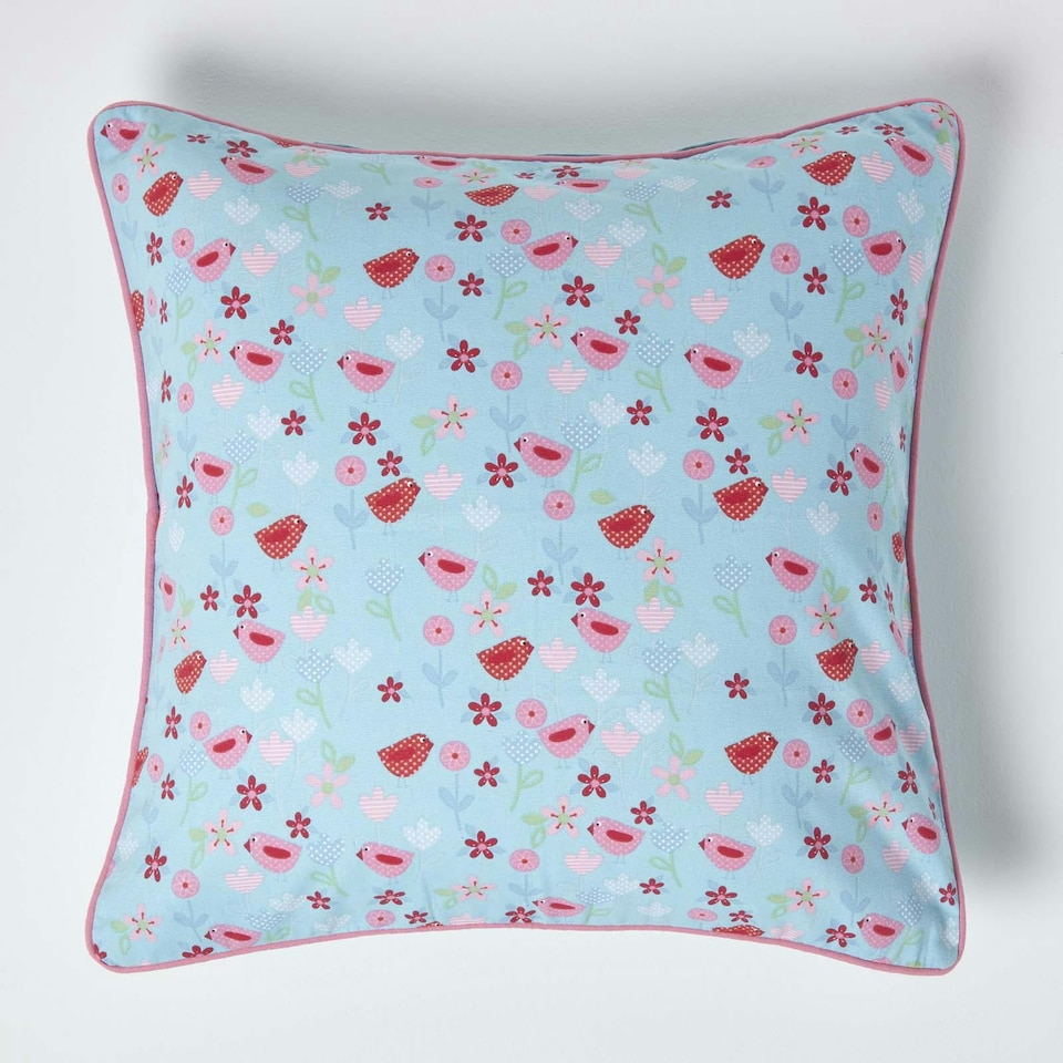 image 1 of Homescapes Cotton Birds and Flower Cushion Cover - 60 x 60 cm | Blue | Blue | 60 x 60 cm