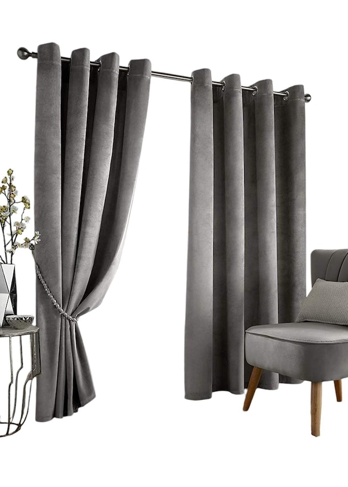 image 1 of Velvet Blackout Eyelet Curtains - Silver 116 cm x 137 cm