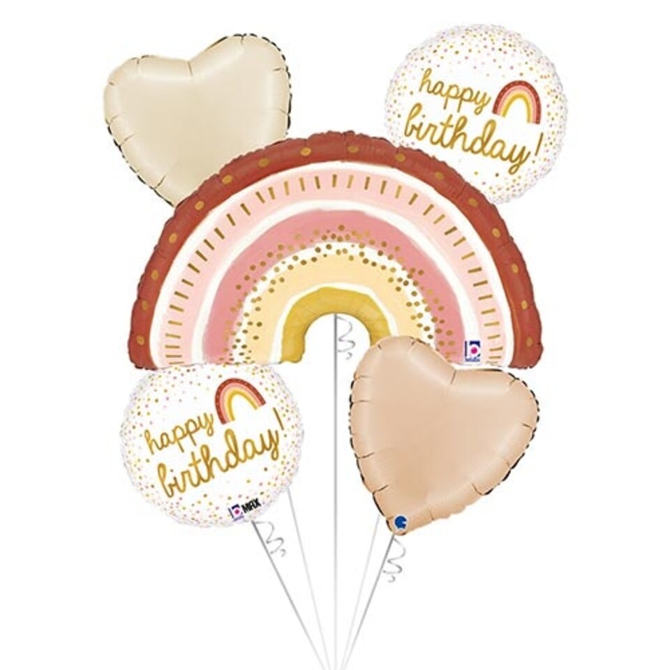 image 1 of Boho Rainbow Happy Birthday Balloon Bouquet - Pack of 5