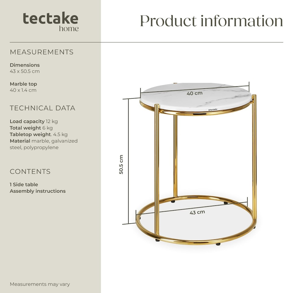 image 1 of Side Table Ellsa - marble top, steel frame, elegant design White | Gold