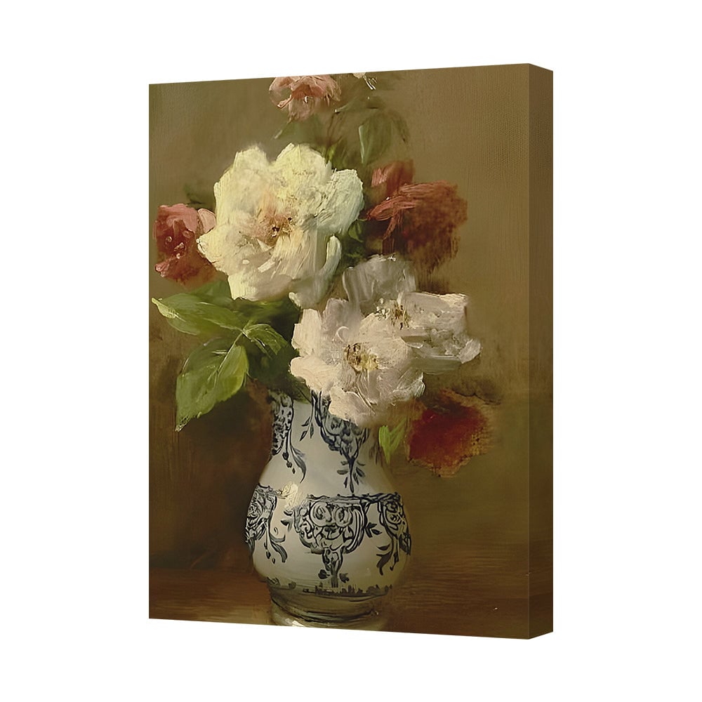 Elegant Floral Bouquet In Ornate Blue And White Vase Canvas Print