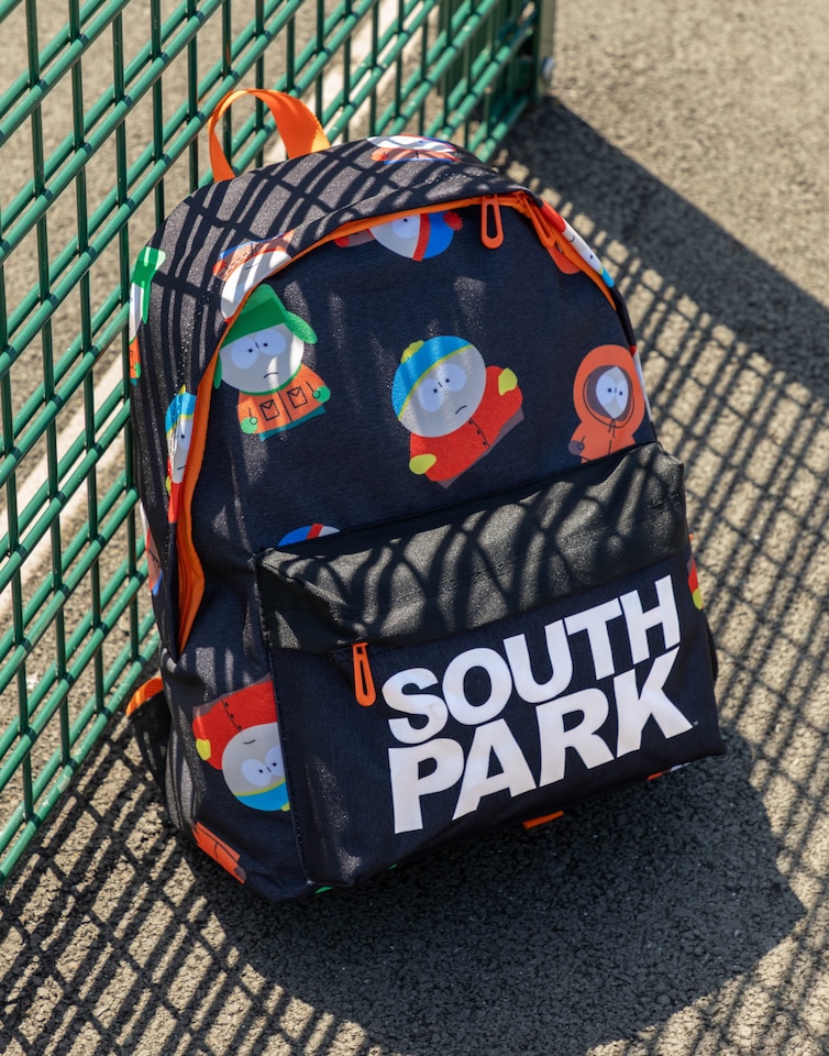 image 1 of South Park Character All Over Print Backpack in Black & Orange | Unisex Adult School Rucksack for College & Work | TV Series Merchandise