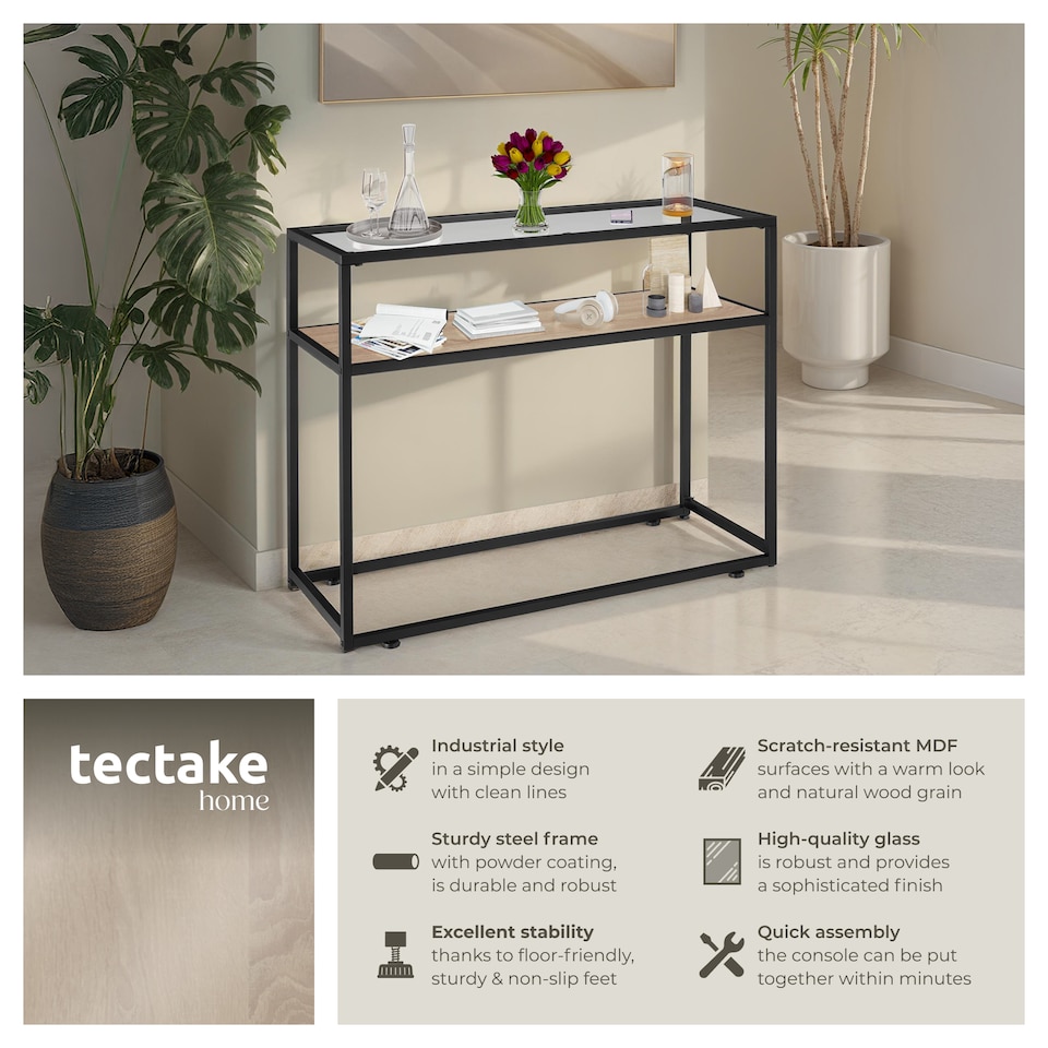 image 1 of Console Table Kilkenny - 2 shelves, with glass top surface | Brown | industrial wood light, oak Sonoma | 100 x 41 x 80,50 cm | 1