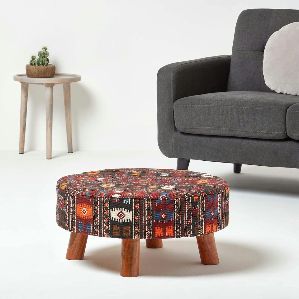 image 1 of Homescapes Flat Kilim Footstool with Legs | Red | 62 x 62 x 30 cm