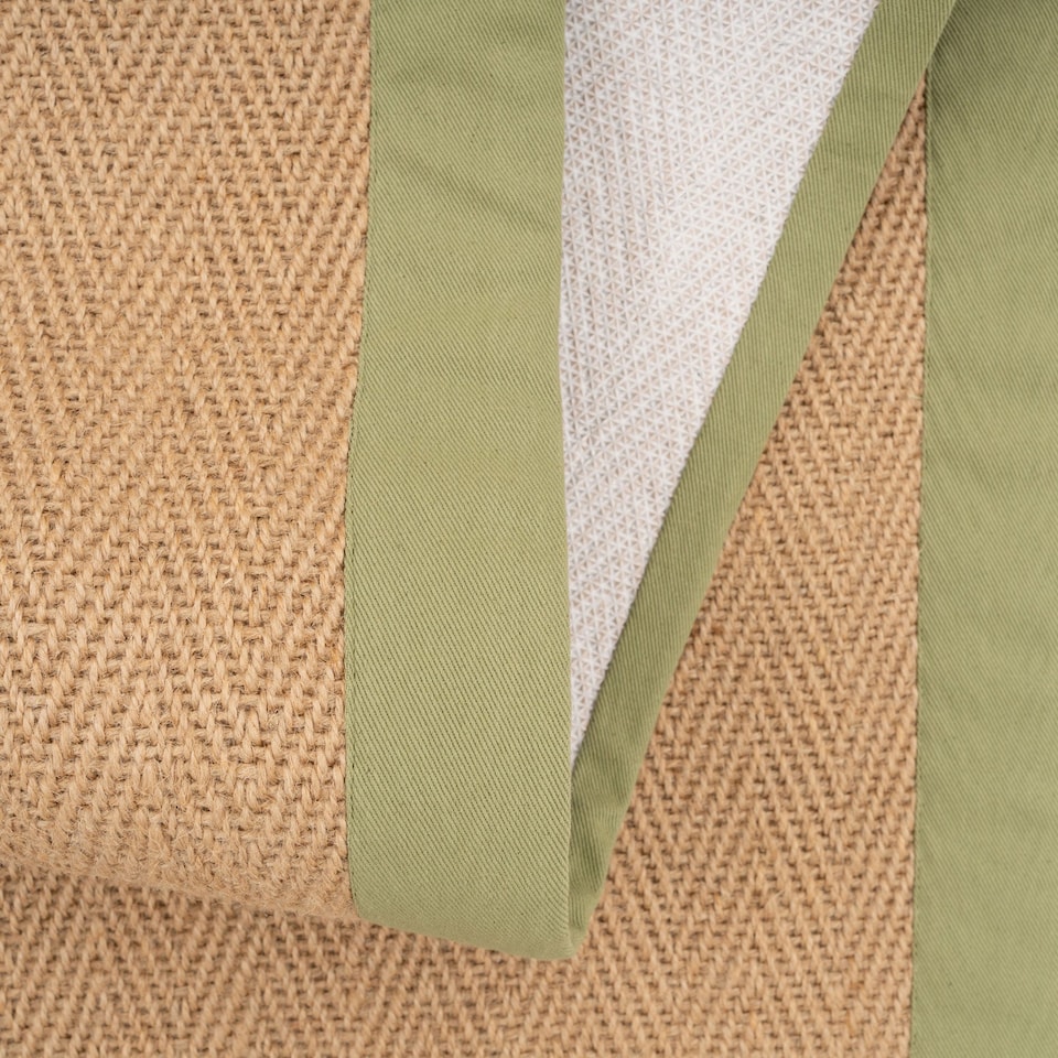 image 1 of KUKOON Beige Natural Jute Herringbone Pattern Non Slip Green Border Rug 160cm x 230cm