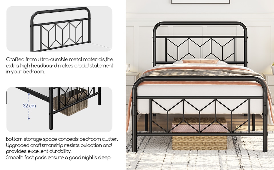 image 1 of Yaheetech 3ft Single Metal Bed Frame with Diamond Pattern Headboard, 32cm Underbed Storage, No Box Spring Needed, Black