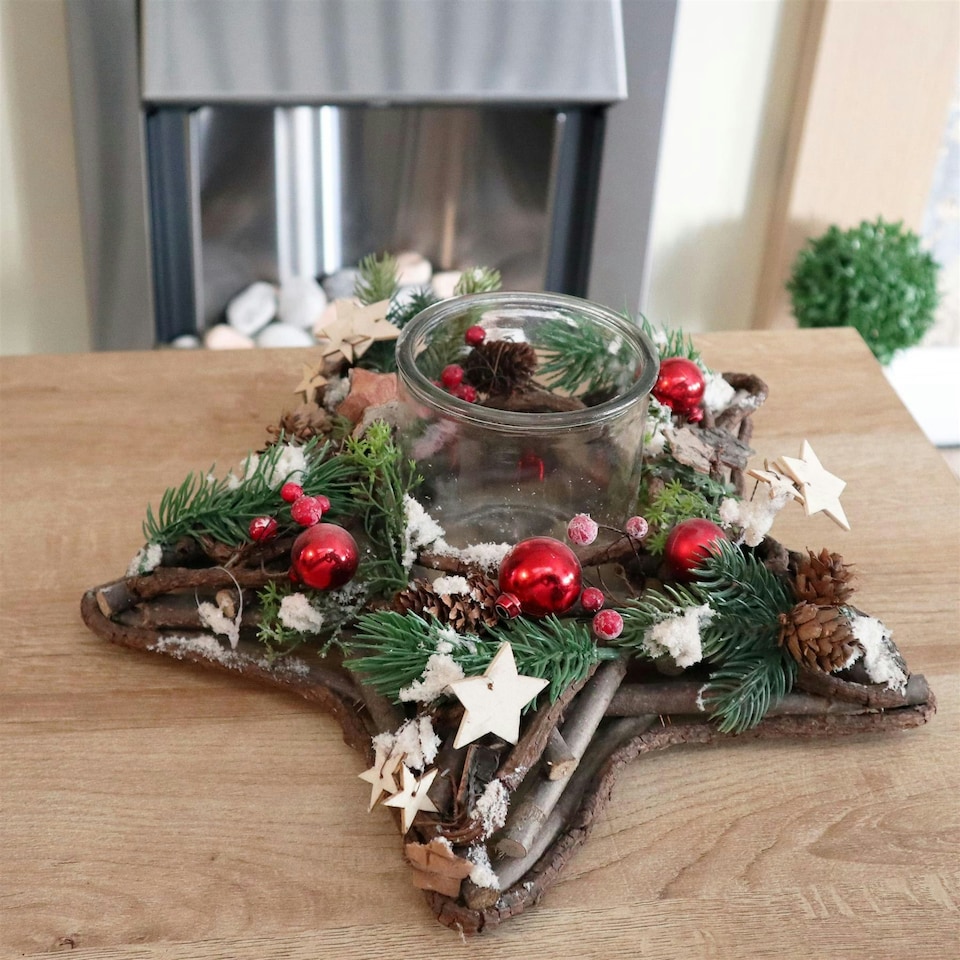 image 1 of Star Shape Wooden Candle Holder Tabletop Centrepiece Christmas Decorated with Red/Silver Baubles, Berries and Cones