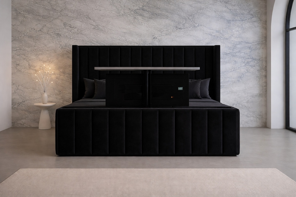 image 1 of Tv Bed 6ft Superking Black Plush Plush Frame Only With 54inch Headboard Solid Bed