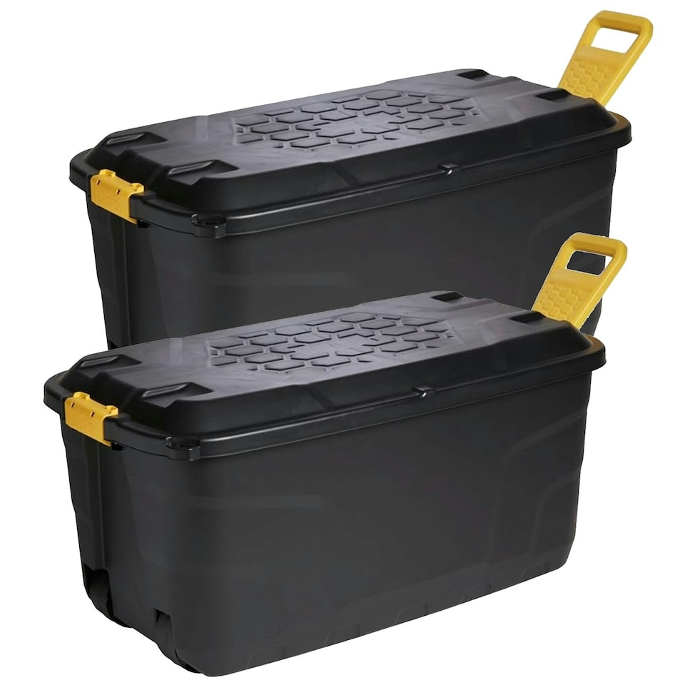 image 1 of 2 x 145L XL Indoor Outdoor Black Plastic Storage Trunk Heavy Duty Complete With Wheels & Handles Black