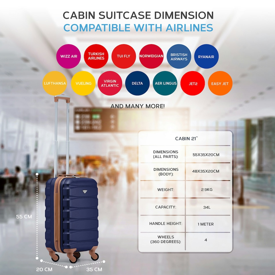 image 1 of 55x35x20cm Carry On Cabin Hard Shell Suitcase - 100+ Airlines Approved Including EasyJet (Paid), British Airways, Ryanair (Priority), TUI Blue | Navy/Tan | Cabin Bag