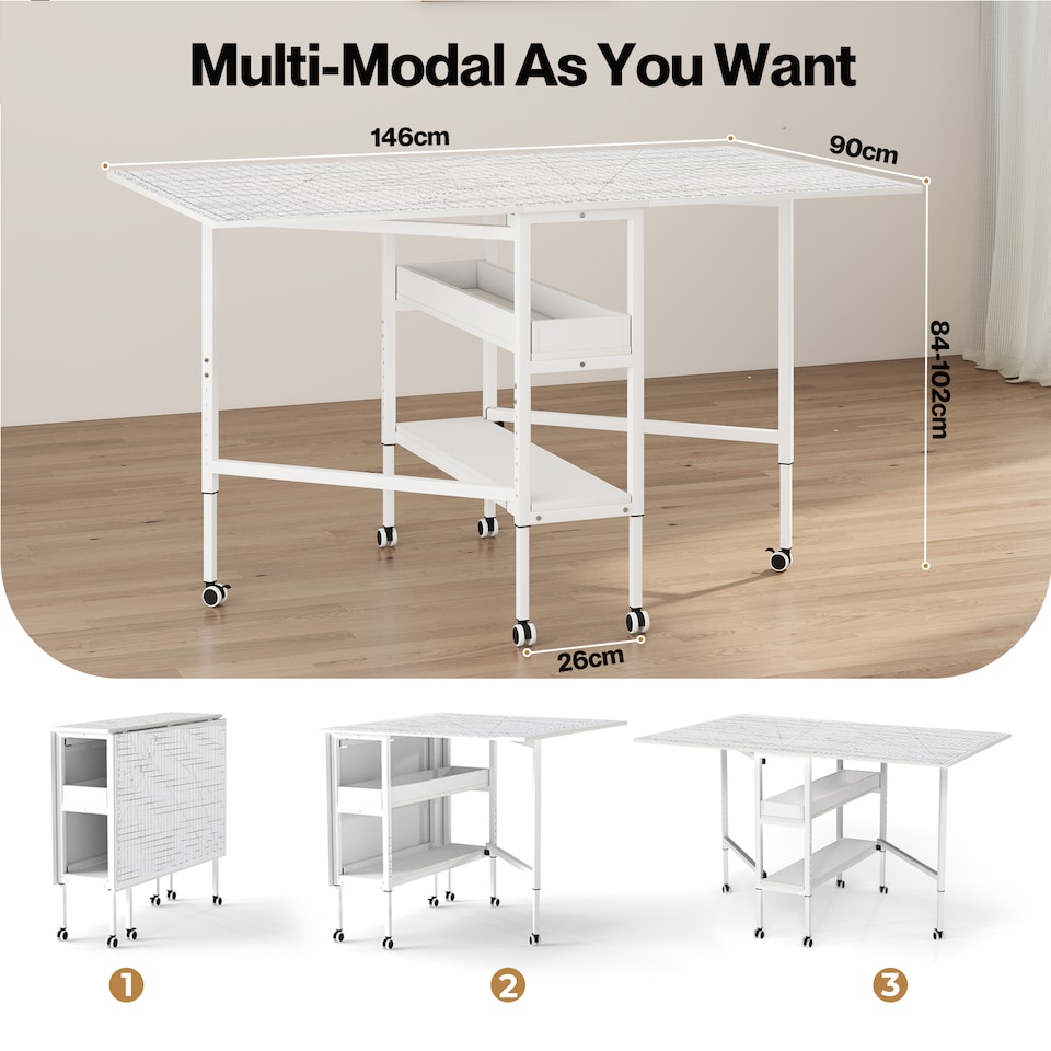 image 1 of Levede Sewing Table Foldable Craft With Grid Adjustable Height Storage Black