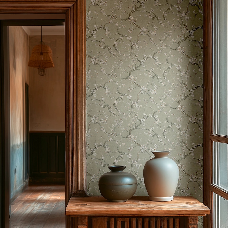 image 1 of Oriental Blossom Wallpaper in Sage Green | Green | Sage Green | 53cm x 10m