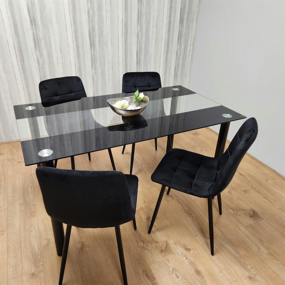 image 1 of Black Glass Dining Table Set With 4 Black Chairs For Dining Room And Kitchen Furniture | Black | One Size | 5