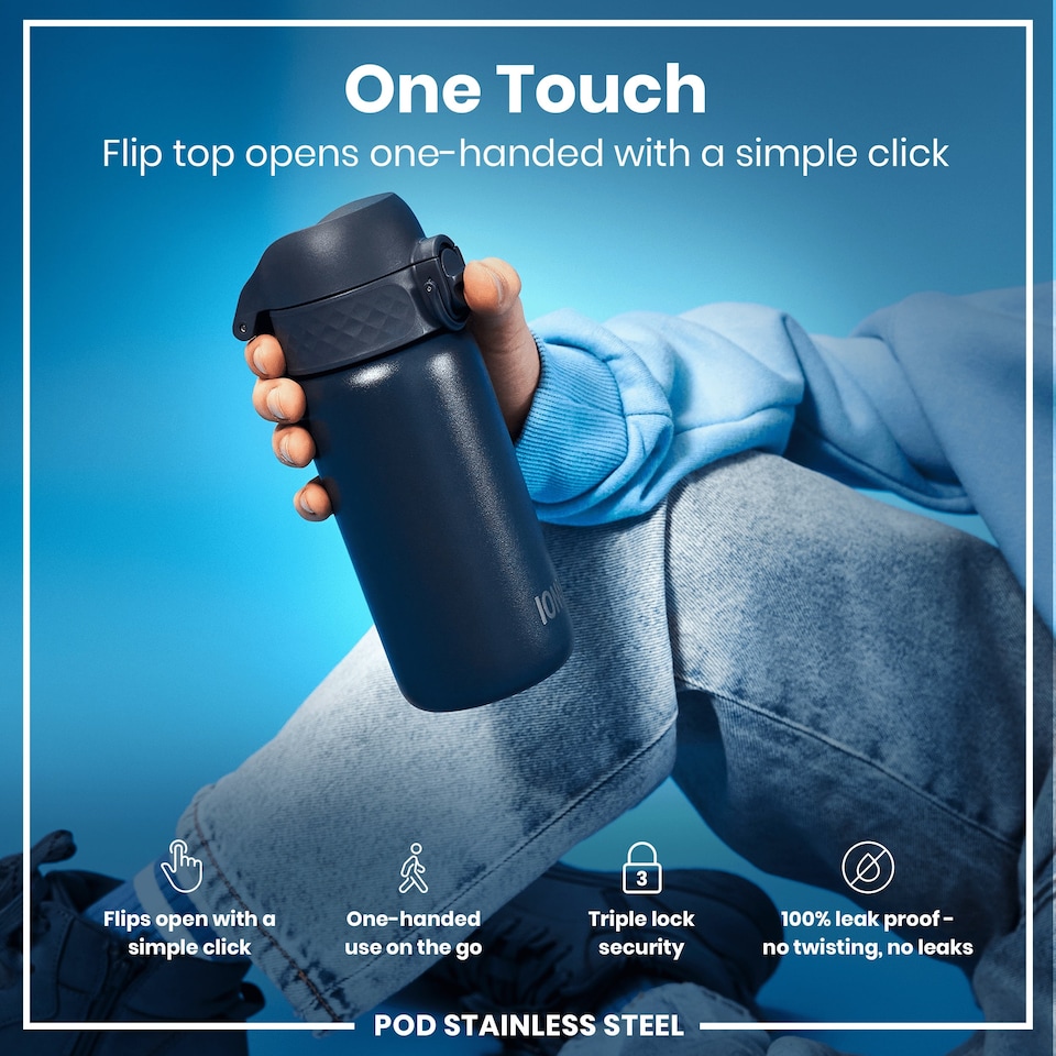 image 1 of Leak Proof Kids Water Bottle, Stainless Steel, 400ml (13oz) | Blue | Ash Navy | One Size