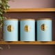 image 2 of Cooks Professional 3 Piece Ribbed Tea, Coffee, & Sugar Cannisters with Bamboo Lids | Stainless Steel Kitchen Storage Bins | Blue & Gold