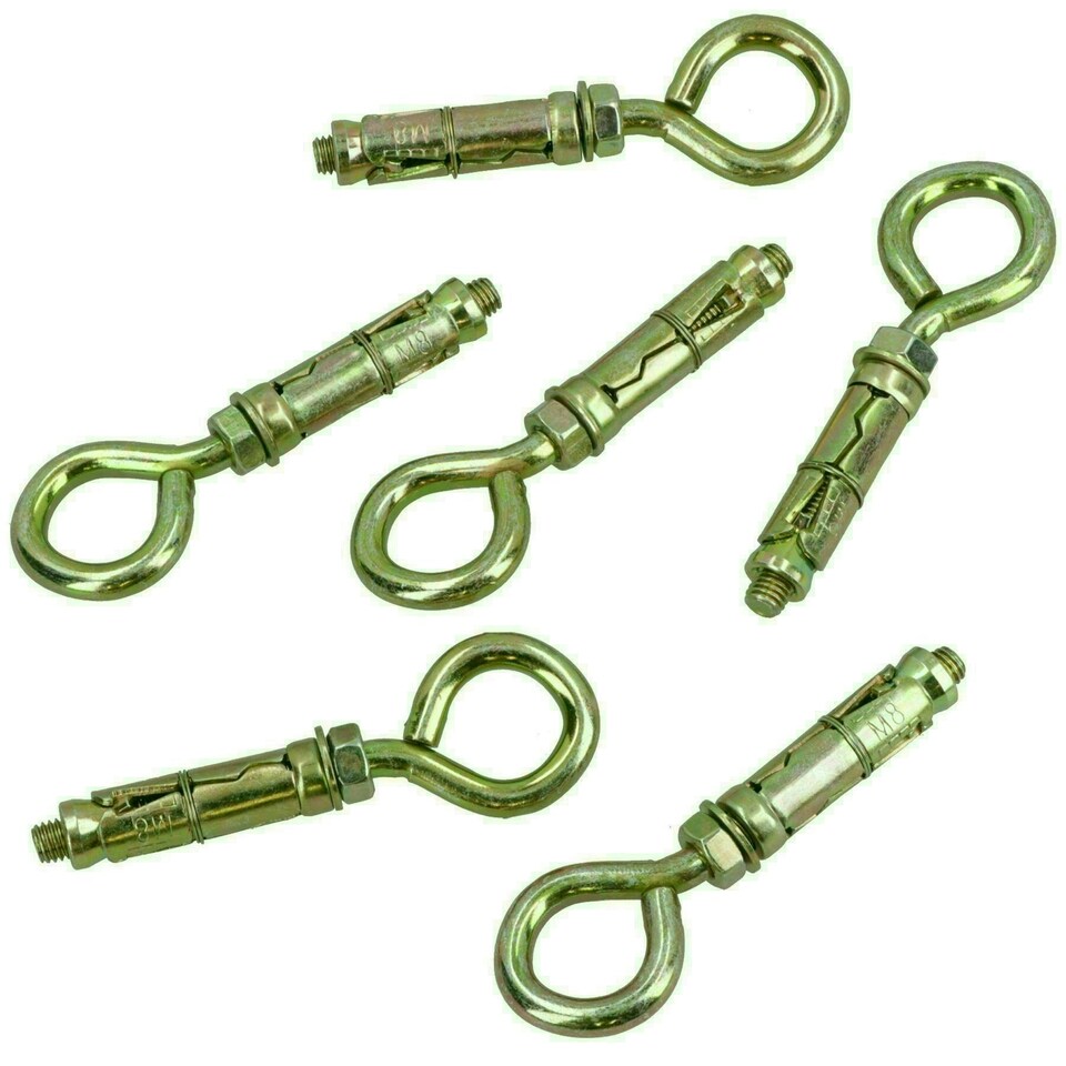 image 1 of 8mm Close Hook Anchor Eye Bolt Rawl Expansion Bolts Shield Wall 12 Pack