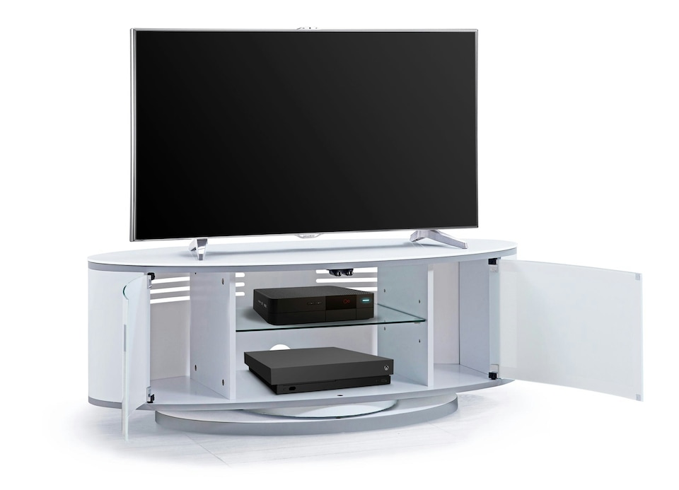 image 1 of MDA Designs LUNA Gloss White Oval Cabinet with White Profiles White BeamThru Glass Doors Suitable for Flat Screen TVs up to 50" | Multi | 1