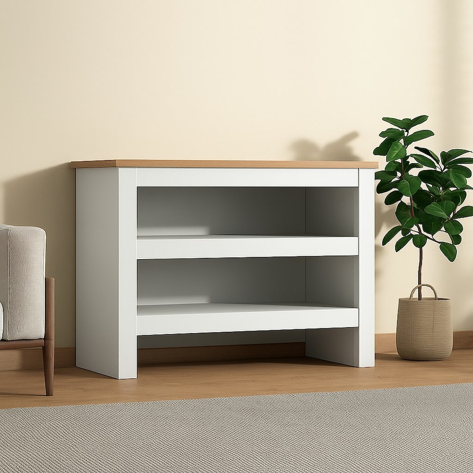 image 1 of Open Shoe Rack - Two-Tier Storage Shelf with Wooden Top White