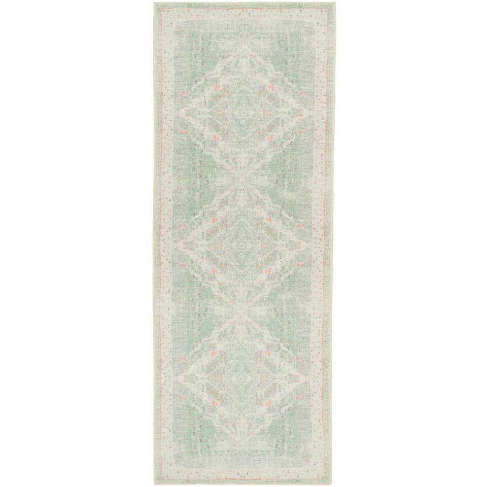 image 1 of KUKOON Pastel Green Distressed Persian Medallion Non Slip Washable Low Pile Runner Rug 60cm x 240cm | Green