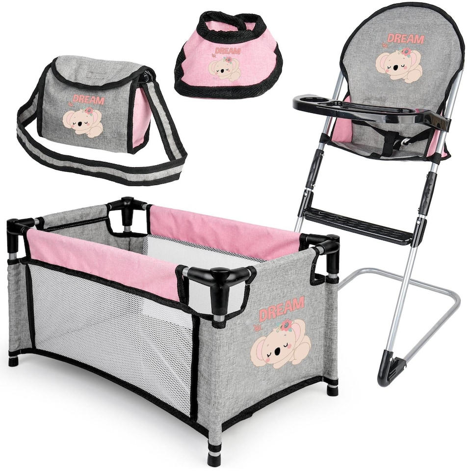 image 1 of Baby Doll Crib & Nursery Accessories Set – Doll Cot, High Chair, Bib & Carry Bag – Pretend Play Doll Furniture Gift for Kids Ages 3+